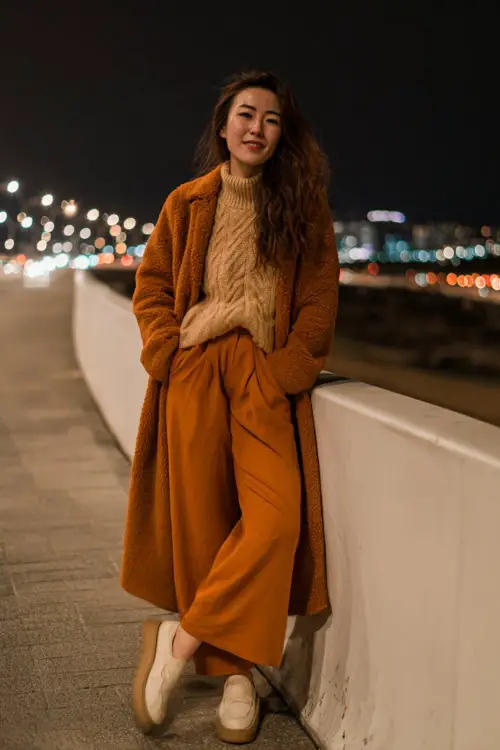 A woman in a relaxed knit sweater layered under a long coat, paired with wide-leg trousers and loafers, posing near city lights during a casual winter outing 