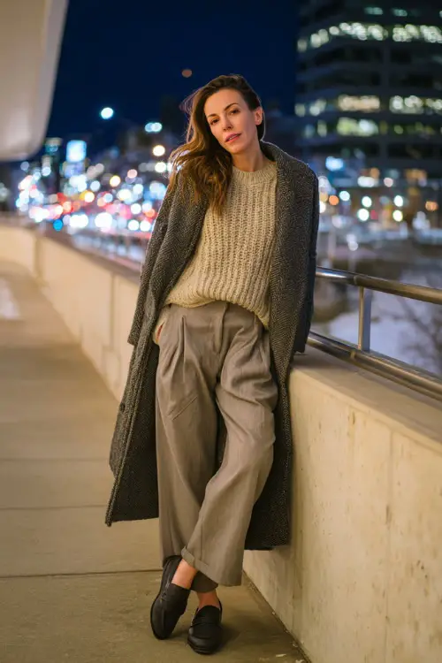 A woman in a relaxed knit sweater layered under a long coat, paired with wide-leg trousers and loafers, posing near city lights during a casual winter outing