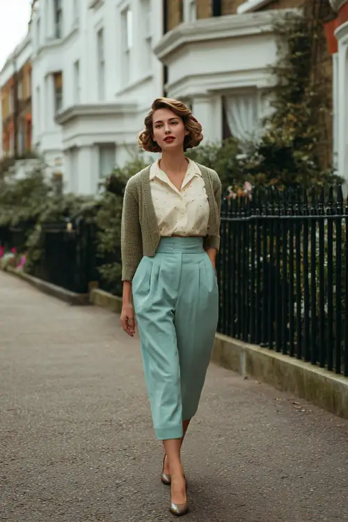 A woman styled in a 1950s vintage outfit featuring pleated trousers and a cropped cardigan layered over a blouse, paired with classic pumps