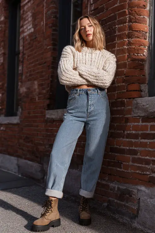 A woman styled in a 90s-inspired winter look with a cropped sweater paired with high-waisted straight-leg jeans, finished with chunky boots and minimal accessories