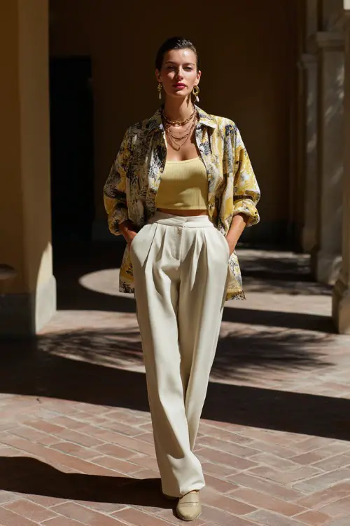 A woman styled in a casual retro button-up shirt layered over a fitted tank and high-waisted trousers, paired with loafers and minimal jewelry, standing in a sunlit courtyard 
