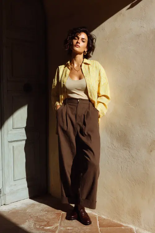 A woman styled in a casual retro button-up shirt layered over a fitted tank and high-waisted trousers, paired with loafers and minimal jewelry, standing in a sunlit courtyard