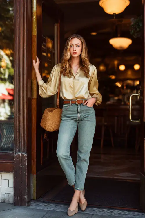 A woman styled in a casual vintage blouse paired with straight-leg jeans and ballet flats, accessorized with a belt and small handbag, standing near a café entrance 