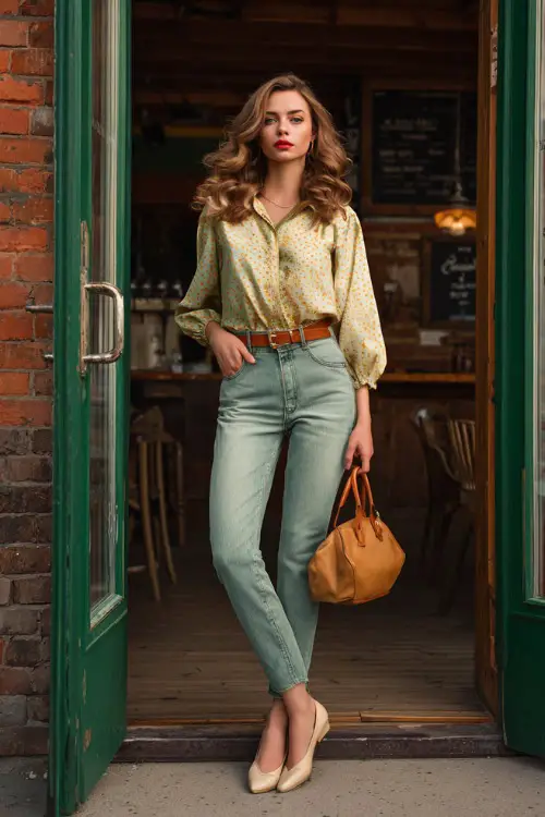 A woman styled in a casual vintage blouse paired with straight-leg jeans and ballet flats, accessorized with a belt and small handbag, standing near a café entrance