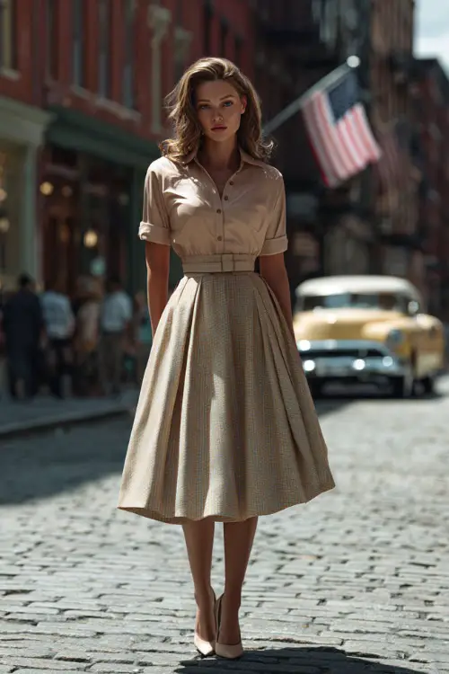A woman styled in a classic shirt dress with a full skirt and button-front design, paired with a waist belt and pointed heels, standing on a retro city street with 1950s charm 