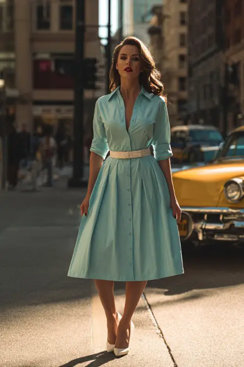 A woman styled in a classic shirt dress with a full skirt and button-front design, paired with a waist belt and pointed heels, standing on a retro city street with 1950s charm
