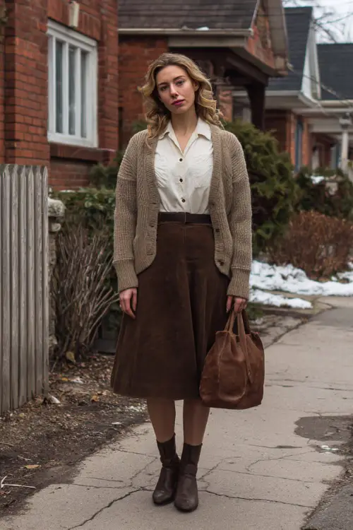 A woman styled in a cozy retro winter outfit with a cardigan layered over a button-up blouse and midi skirt, paired with ankle boots and a leather bag