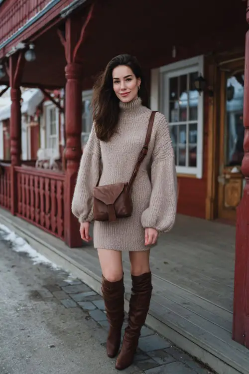 A woman styled in a cozy vintage knit dress with long sleeves, paired with knee-high boots and a structured handbag, standing outside a charming winter café