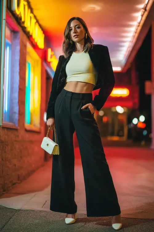 A woman styled in a cropped jacket with a fitted top, wide-leg trousers, and platform heels, accessorized with a small handbag