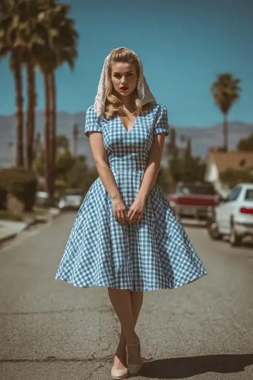 A woman styled in a gingham swing dress with a flared skirt and short sleeves, accessorized with a headscarf and low heels, posing in a retro suburban street scene