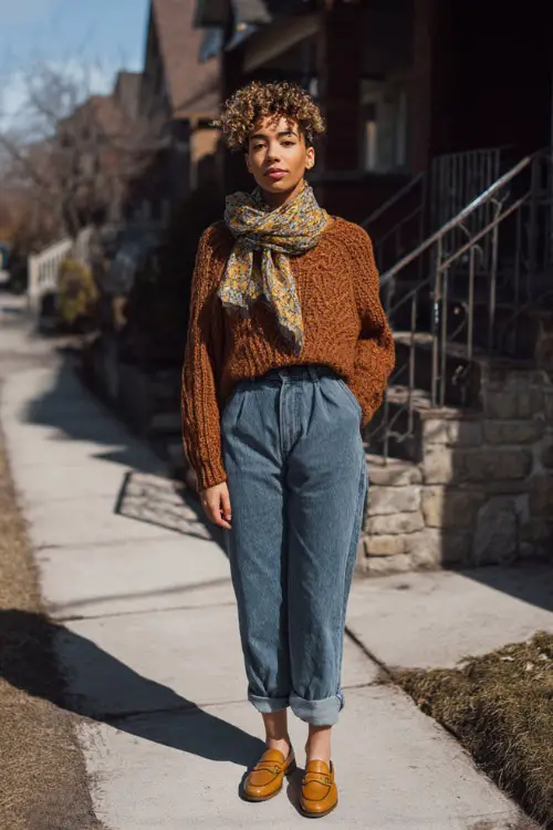 A woman styled in a laid-back winter vintage look with a tucked-in knit sweater and high-waisted jeans, paired with loafers and a scarf, standing on a residential sidewalk 