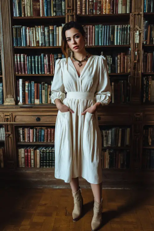 A woman styled in a long-sleeve vintage midi dress with subtle pleats and a modest neckline, paired with ankle boots and delicate jewelry, standing inside a grand old library 