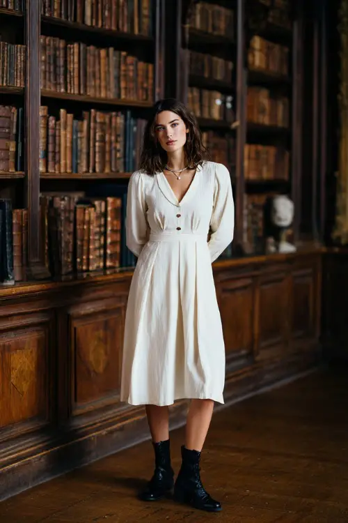 A woman styled in a long-sleeve vintage midi dress with subtle pleats and a modest neckline, paired with ankle boots and delicate jewelry