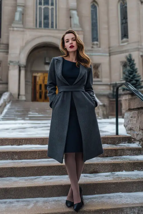 A woman styled in a long vintage-inspired coat with a cinched waist, layered over a knee-length dress, paired with classic heels and tights, standing in an elegant urban setting during winter