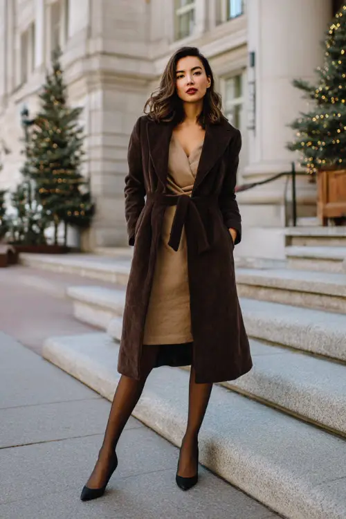 A woman styled in a long vintage-inspired coat with a cinched waist, layered over a knee-length dress, paired with classic heels and tights