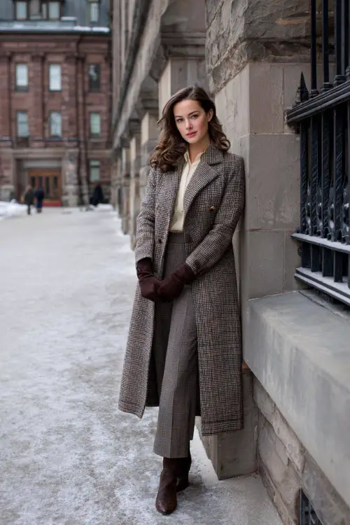 A woman styled in a professional vintage winter look with a long tailored coat worn over a blouse and straight-leg trousers, finished with heeled boots and gloves