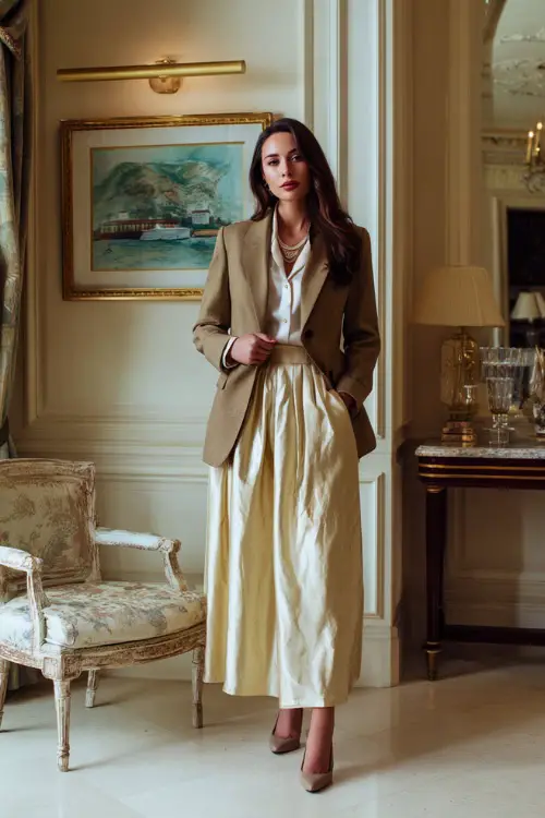 A woman styled in a refined vintage look with a fitted blazer layered over a silk blouse and a long skirt, paired with heels and minimal accessories 