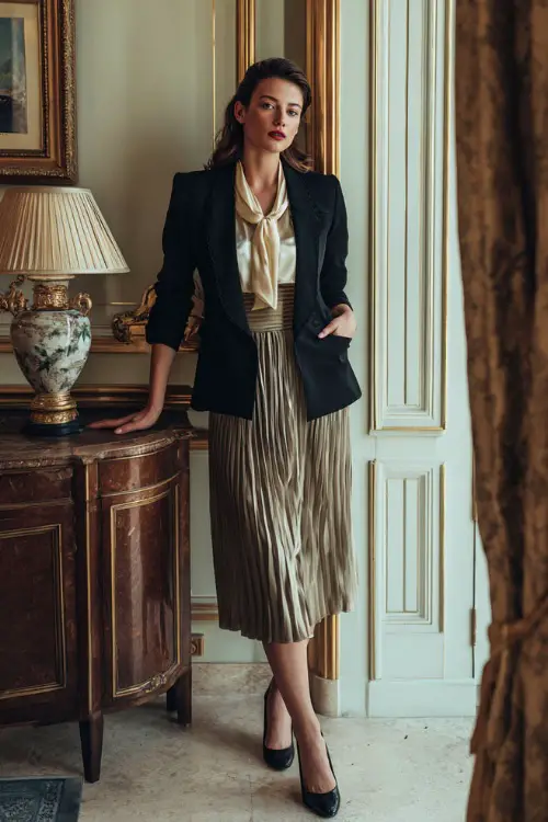 A woman styled in a refined vintage look with a fitted blazer layered over a silk blouse and a long skirt, paired with heels and minimal accessories