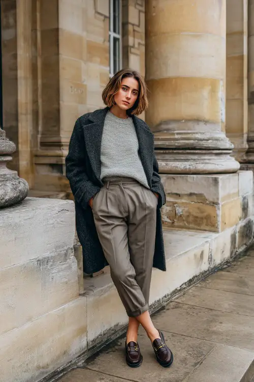 A woman styled in a relaxed 90s winter look with a tucked-in sweater and high-waisted trousers, layered with a wool coat and finished with loafers