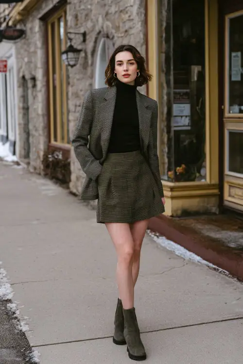 A woman styled in a retro winter look with a tailored blazer layered over a turtleneck and A-line skirt, paired with ankle boots and subtle accessories, posed on a quiet winter sidewalk