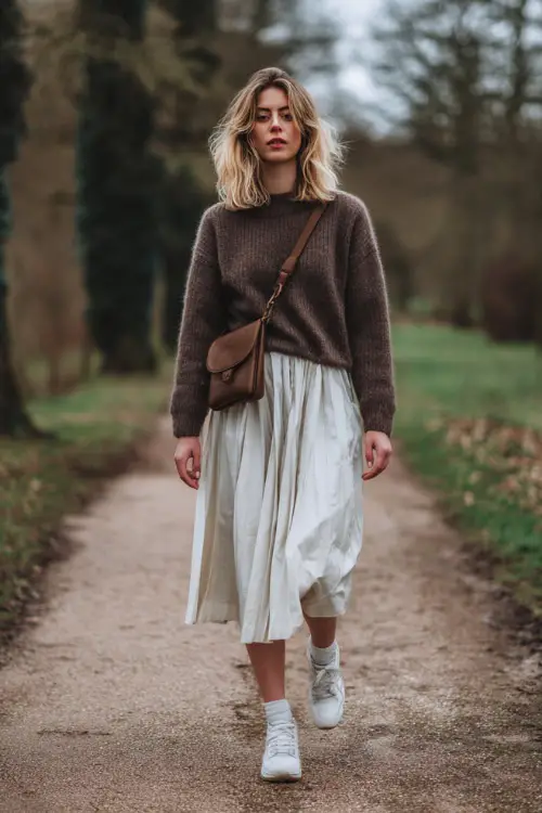 A woman styled in a simple winter vintage outfit with a wool sweater tucked into a pleated skirt, paired with sneakers and a crossbody bag, walking through a quiet park path in winter 