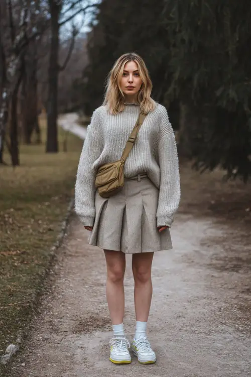 A woman styled in a simple winter vintage outfit with a wool sweater tucked into a pleated skirt, paired with sneakers and a crossbody bag