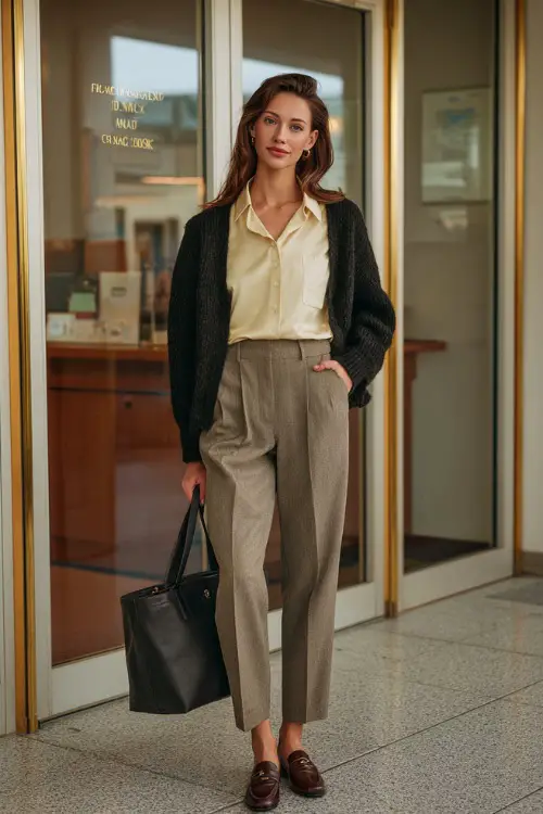 A woman styled in a timeless vintage work look with high-waisted tailored trousers, a button-up blouse, and a wool cardigan, paired with loafers and a leather tote
