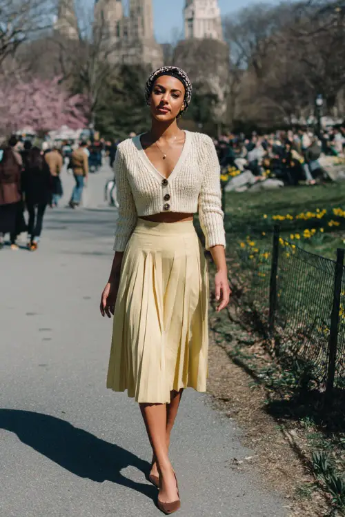 A woman styled in a vintage-inspired pleated skirt paired with a cropped cardigan and low heels, accessorized with a headband, walking through a city park in spring 