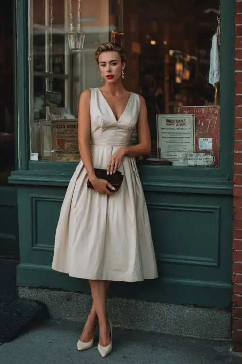 A woman styled in a vintage-inspired tea-length dress with a defined waist and flowing skirt, paired with classic heels and a small clutch 