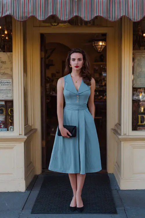 A woman styled in a vintage-inspired tea-length dress with a defined waist and flowing skirt, paired with classic heels and a small clutch