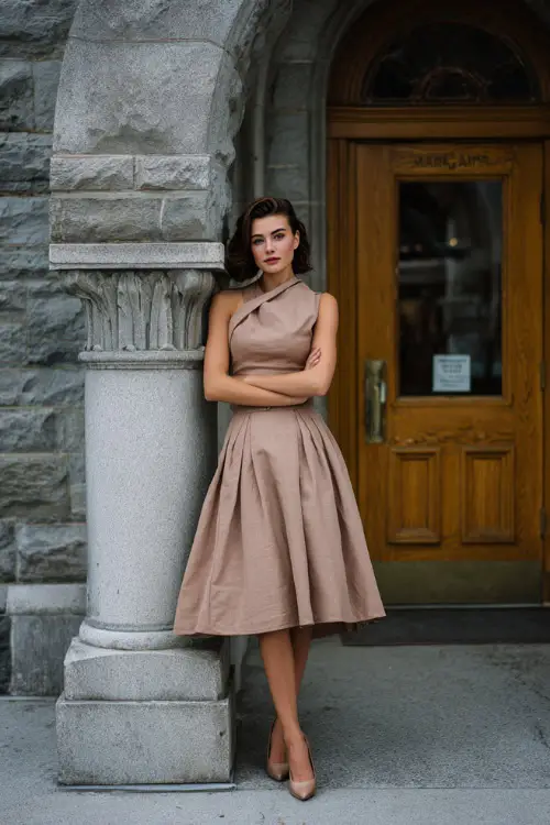 A woman styled in a vintage-inspired tea-length dress with a fitted bodice and soft flared skirt, paired with classic pumps, posed in front of a historic building