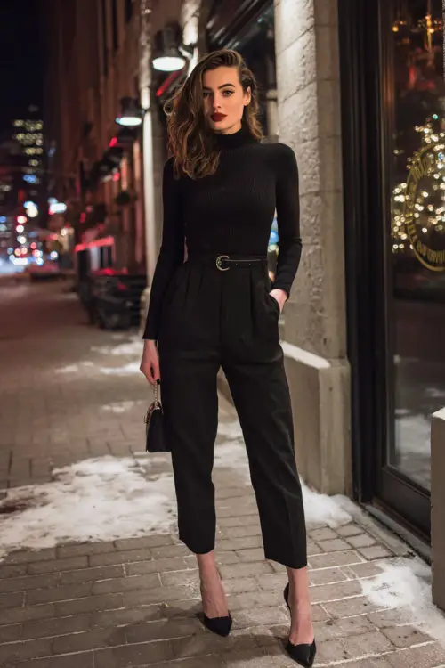 A woman styled in an all-black winter going-out look with a fitted knit top, straight-leg pants, a sleek belt, and pointed heels, carrying a small handbag 