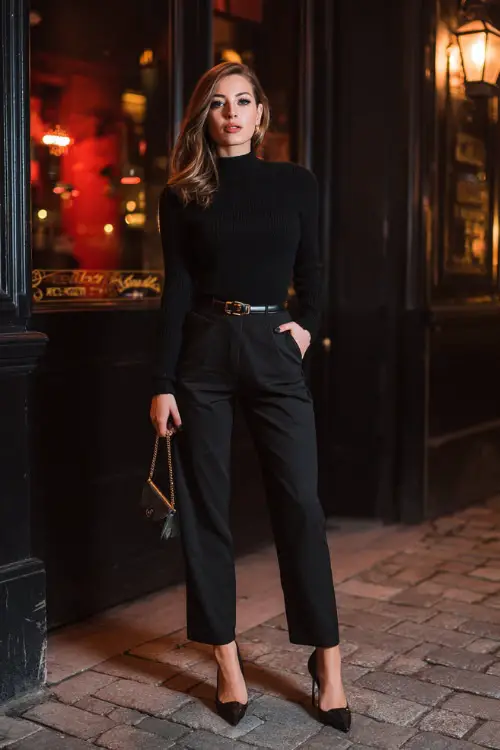 A woman styled in an all-black winter going-out look with a fitted knit top, straight-leg pants, a sleek belt, and pointed heels, carrying a small handbag