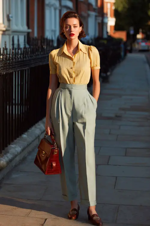 A woman wearing a 1950s-inspired high-waisted tailored trousers paired with a fitted short-sleeve blouse tucked in, styled with classic loafers and a structured handbag 
