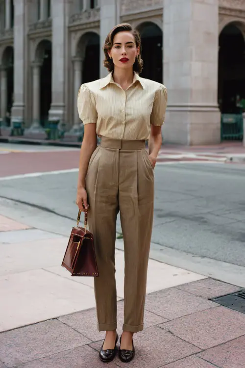 A woman wearing a 1950s-inspired high-waisted tailored trousers paired with a fitted short-sleeve blouse tucked in, styled with classic loafers and a structured handbag