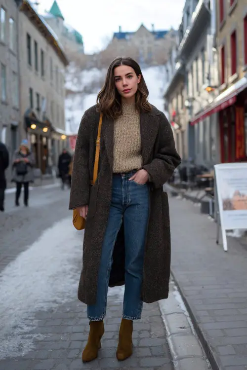 A woman wearing a 1990s-inspired oversized wool coat layered over a chunky knit sweater and straight-leg jeans, styled with ankle boots and a shoulder bag