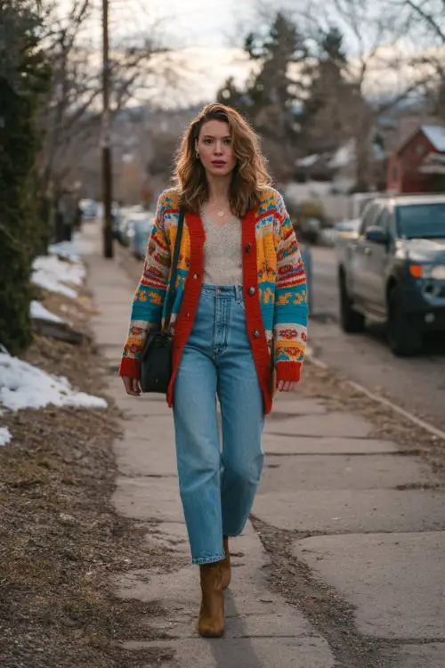 A woman wearing a 90s vintage cardigan layered over a fitted top and straight-leg jeans, styled with ankle boots and a shoulder bag 