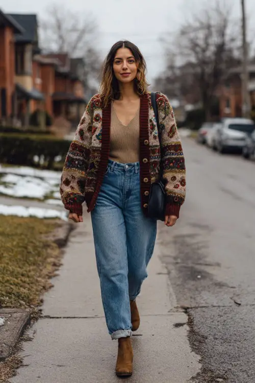 A woman wearing a 90s vintage cardigan layered over a fitted top and straight-leg jeans, styled with ankle boots and a shoulder bag
