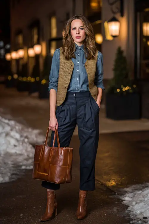 A woman wearing a casual button-down shirt layered with a sweater vest and straight-leg pants, styled with ankle boots and a leather tote