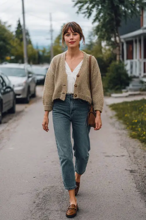 A woman wearing a casual vintage-inspired cardigan layered over a simple blouse and high-waisted jeans, styled with loafers and a crossbody bag