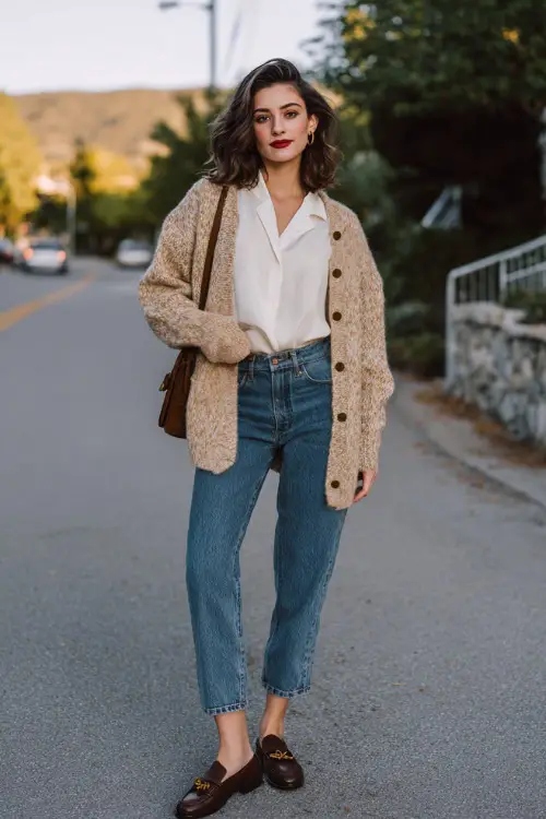 A woman wearing a casual vintage-inspired cardigan layered over a simple blouse and high-waisted jeans, styled with loafers and a crossbody bag 