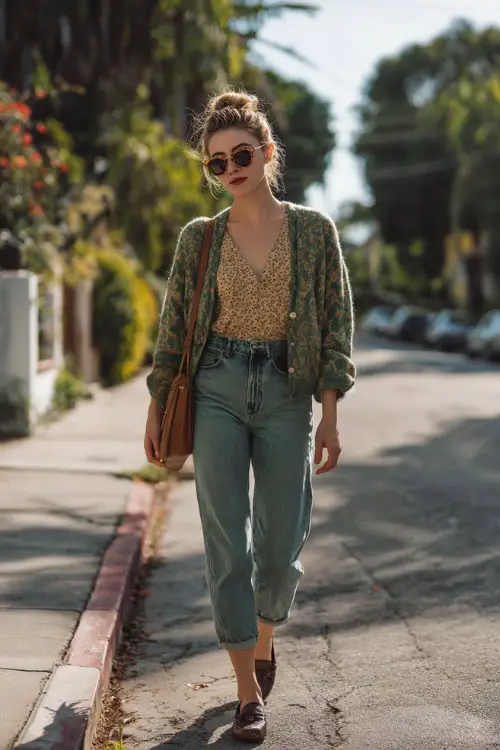 A woman wearing a casual vintage-inspired cardigan layered over a simple blouse and high-waisted jeans, styled with loafers and a crossbody bag