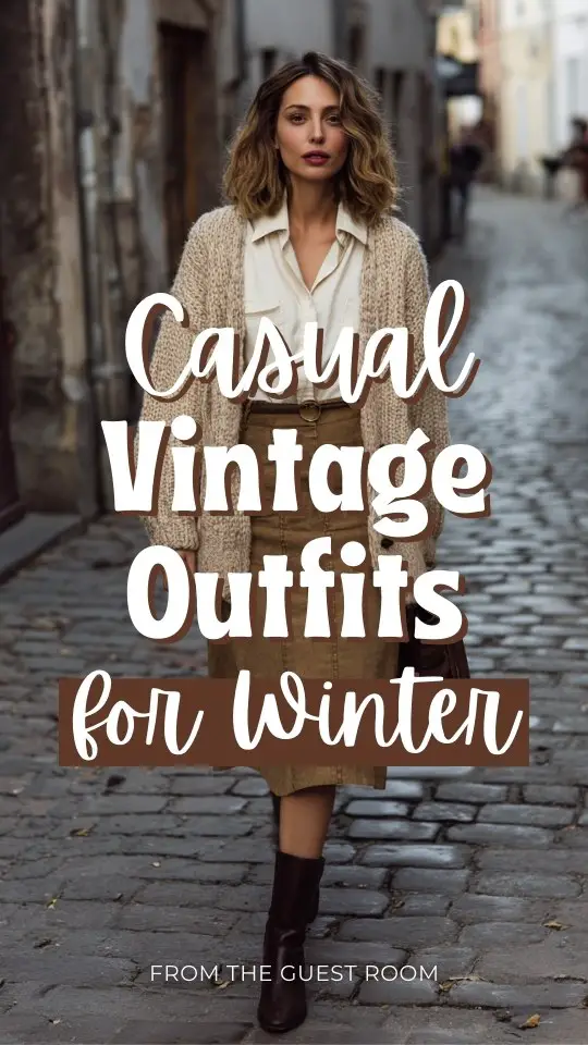 A woman wearing a casual vintage outfit for winter with a cardigan layered over a button-up shirt and midi skirt, styled with ankle boots and a casual handbag