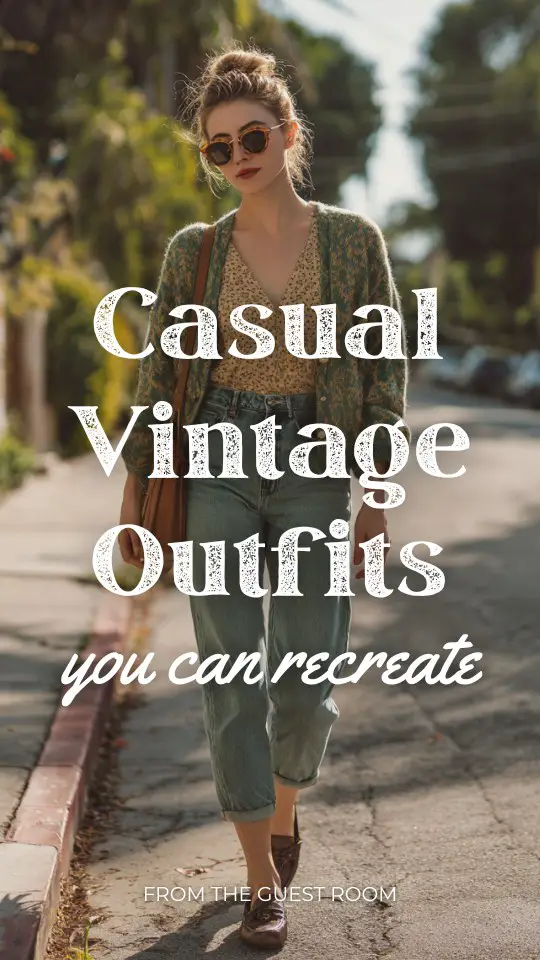 A woman wearing a casual vintage outfit with a cardigan layered over a simple blouse and high-waisted jeans, styled with loafers and a crossbody bag