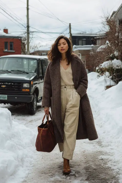 A woman wearing a casual vintage-style wool coat layered over a knit top and straight-leg trousers, styled with flat boots and a leather tote 
