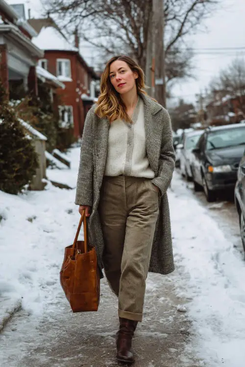 A woman wearing a casual vintage-style wool coat layered over a knit top and straight-leg trousers, styled with flat boots and a leather tote