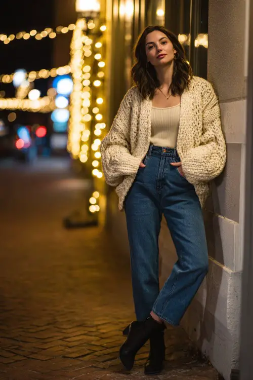 A woman wearing a chunky cardigan over a simple top and straight-leg jeans, styled with ankle boots and minimal jewelry, standing near warm street lights on a winter night out