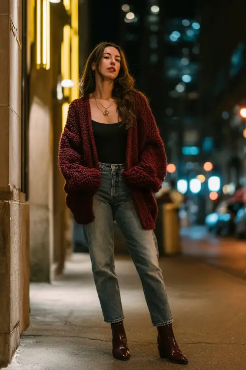 A woman wearing a chunky cardigan over a simple top and straight-leg jeans, styled with ankle boots and minimal jewelry
