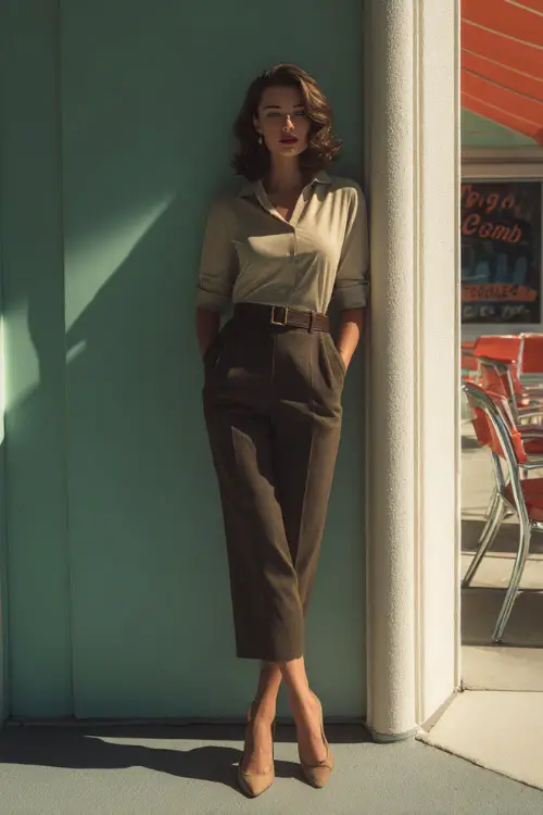 A woman wearing a classic 1950s pant look with high-waisted trousers, a fitted blouse, and a thin belt, paired with low heels, standing near a retro café exterior