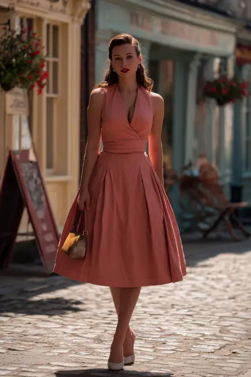 A woman wearing a classic 1950s tea-length swing dress with a fitted waist and full skirt, paired with pointed-toe heels and a small handbag 